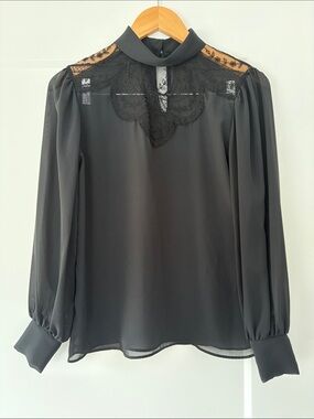 Vintage 70s Sheer Lace Yoke Mock Neck Blouse